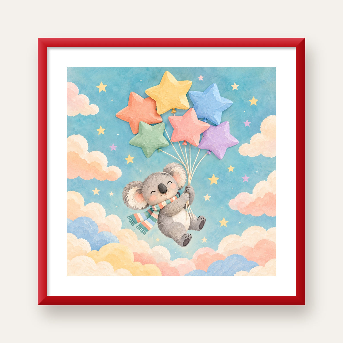 Uçan Koala ve Yıldız Balonlar Çocuk Odası Poster Baskı — kırmızı çerçeveli paspartulu