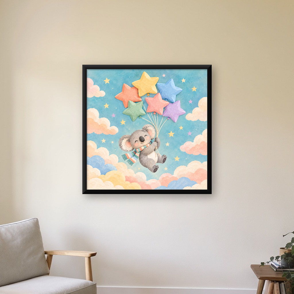 Uçan Koala ve Yıldız Balonlar Çocuk Odası Poster Baskı — Kare baskı, çerçeveli hâliyle bir ev duvarında