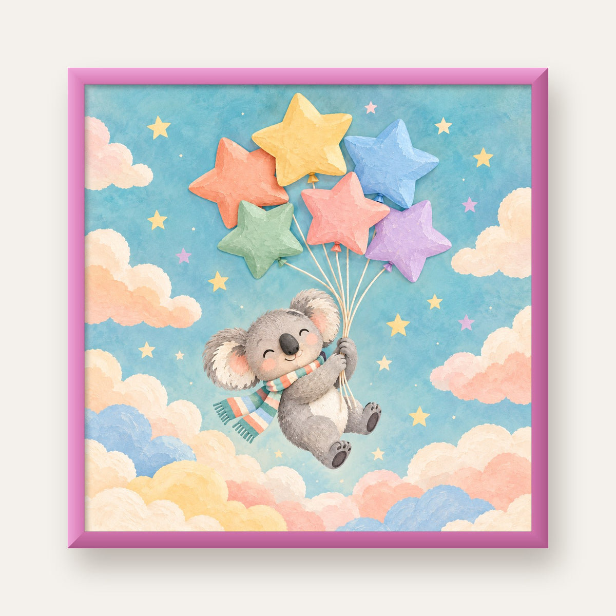 Uçan Koala ve Yıldız Balonlar Çocuk Odası Poster Baskı — pembe çerçeveli
