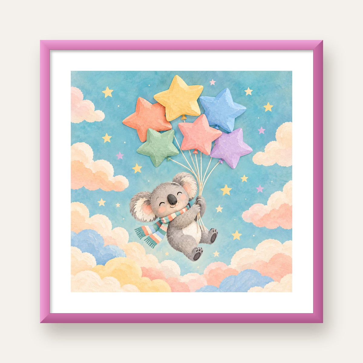 Uçan Koala ve Yıldız Balonlar Çocuk Odası Poster Baskı — pembe çerçeveli paspartulu