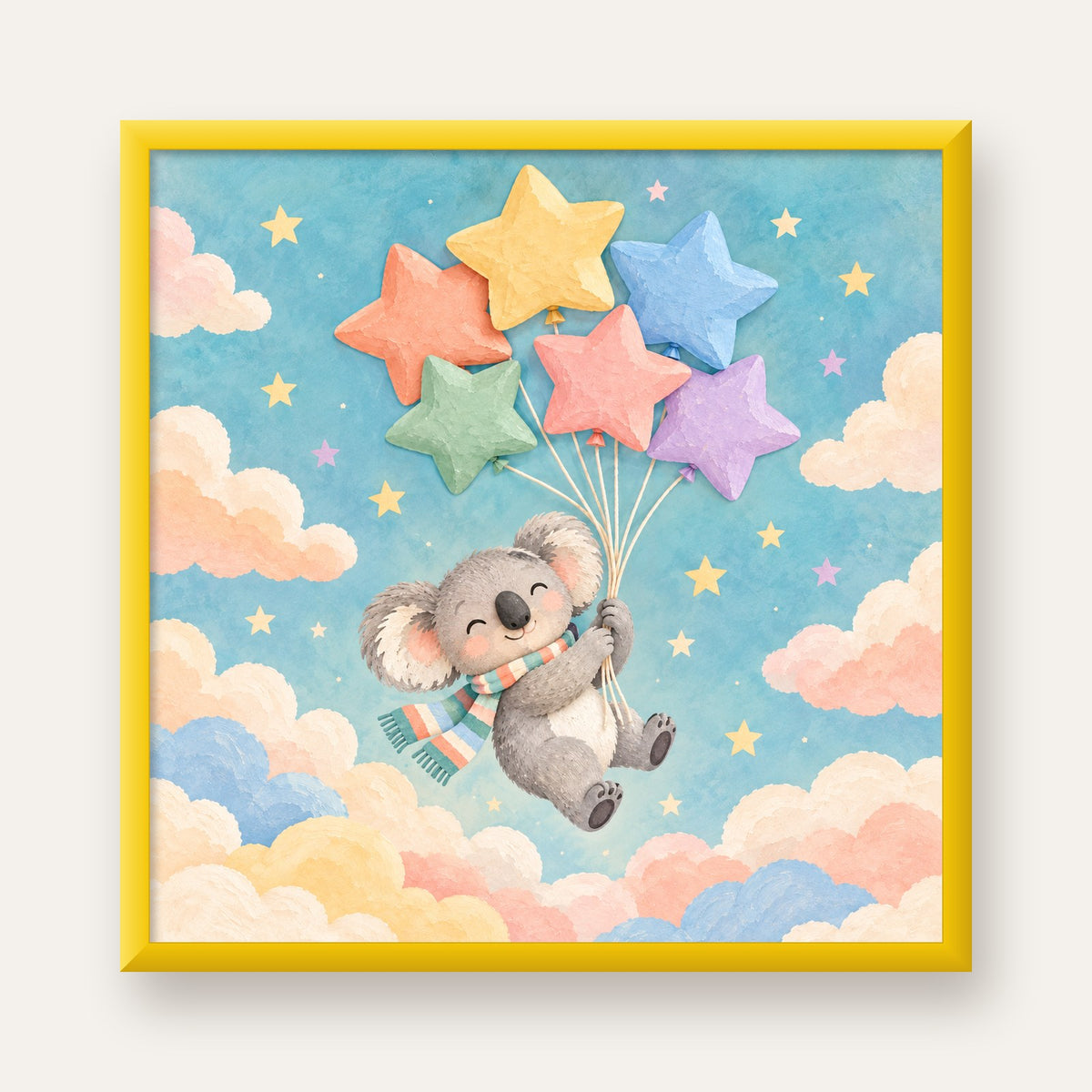 Uçan Koala ve Yıldız Balonlar Çocuk Odası Poster Baskı — sarı çerçeveli