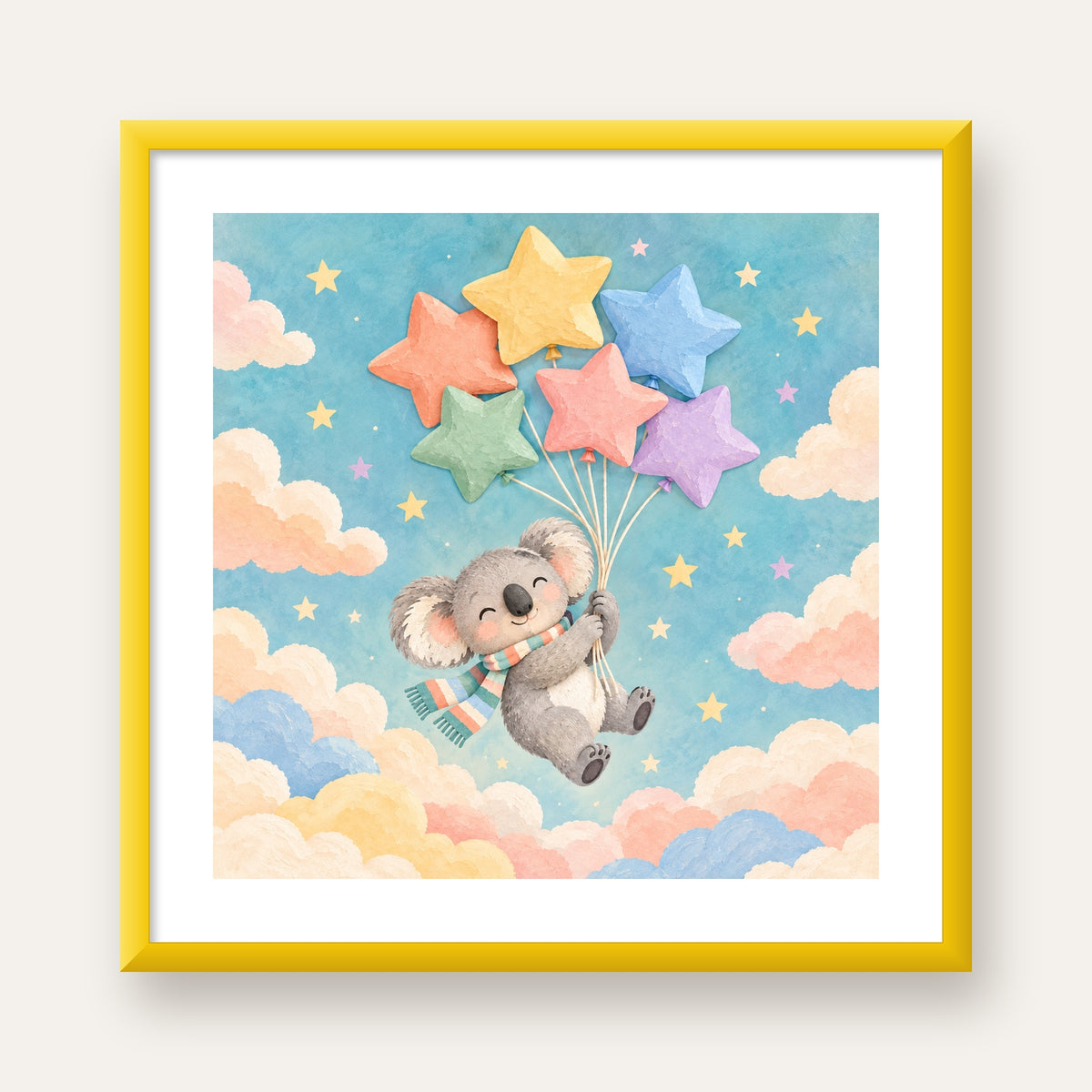 Uçan Koala ve Yıldız Balonlar Çocuk Odası Poster Baskı — sarı çerçeveli paspartulu