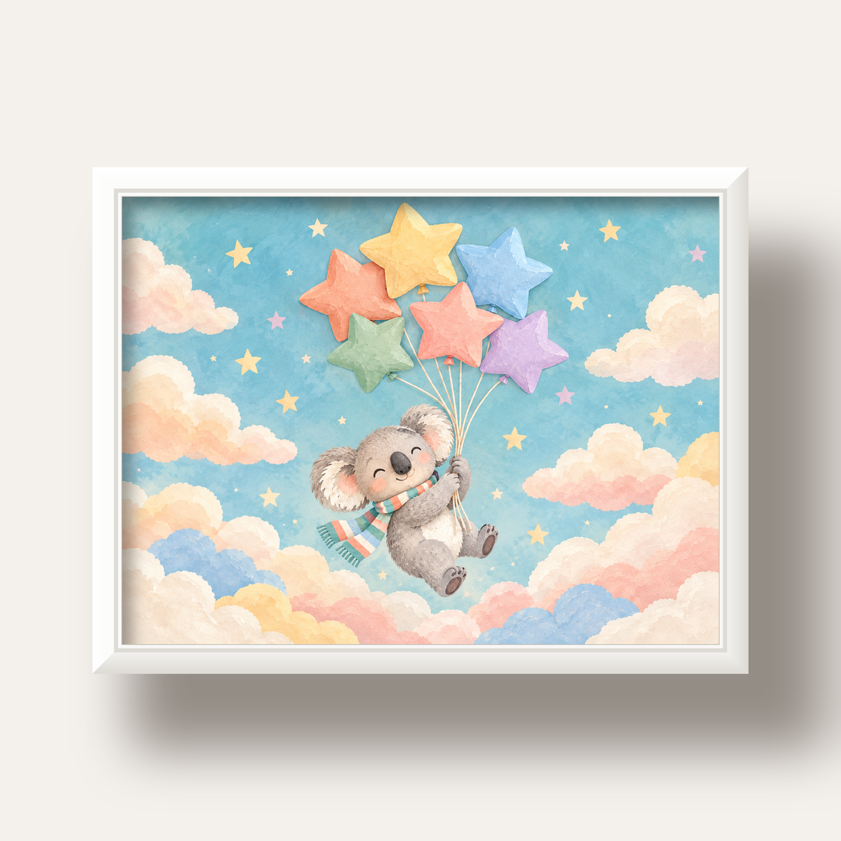 Uçan Koala ve Yıldız Balonlar Çocuk Odası Poster Baskı — beyaz derin çerçeveli