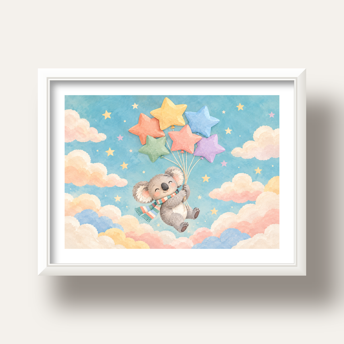 Uçan Koala ve Yıldız Balonlar Çocuk Odası Poster Baskı — beyaz derin çerçeveli paspartulu