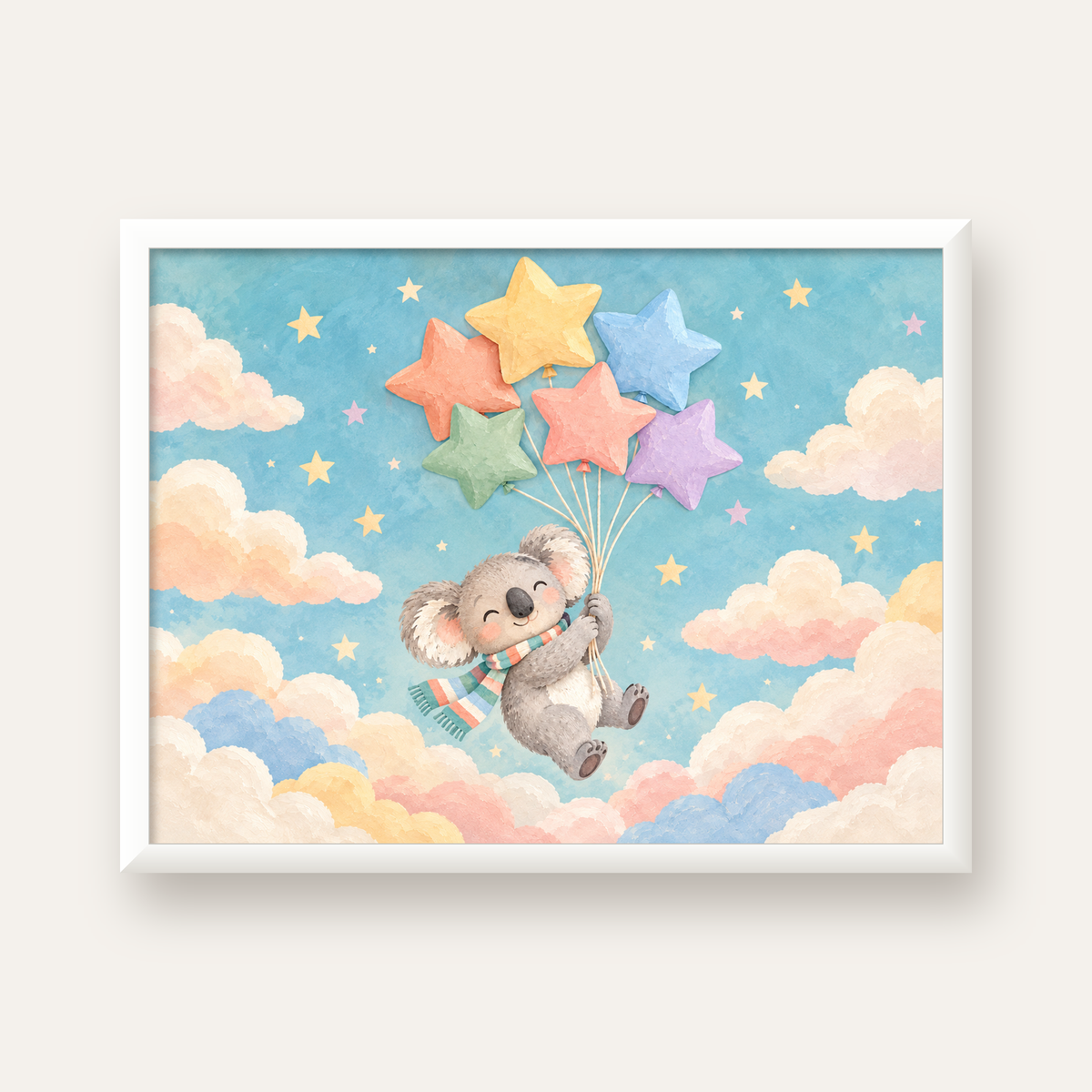 Uçan Koala ve Yıldız Balonlar Çocuk Odası Poster Baskı — beyaz çerçeveli yatay poster