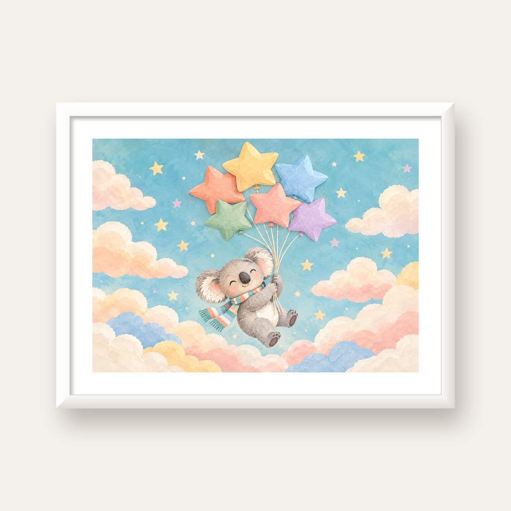 Uçan Koala ve Yıldız Balonlar Çocuk Odası Poster Baskı — beyaz çerçeveli yatay poster