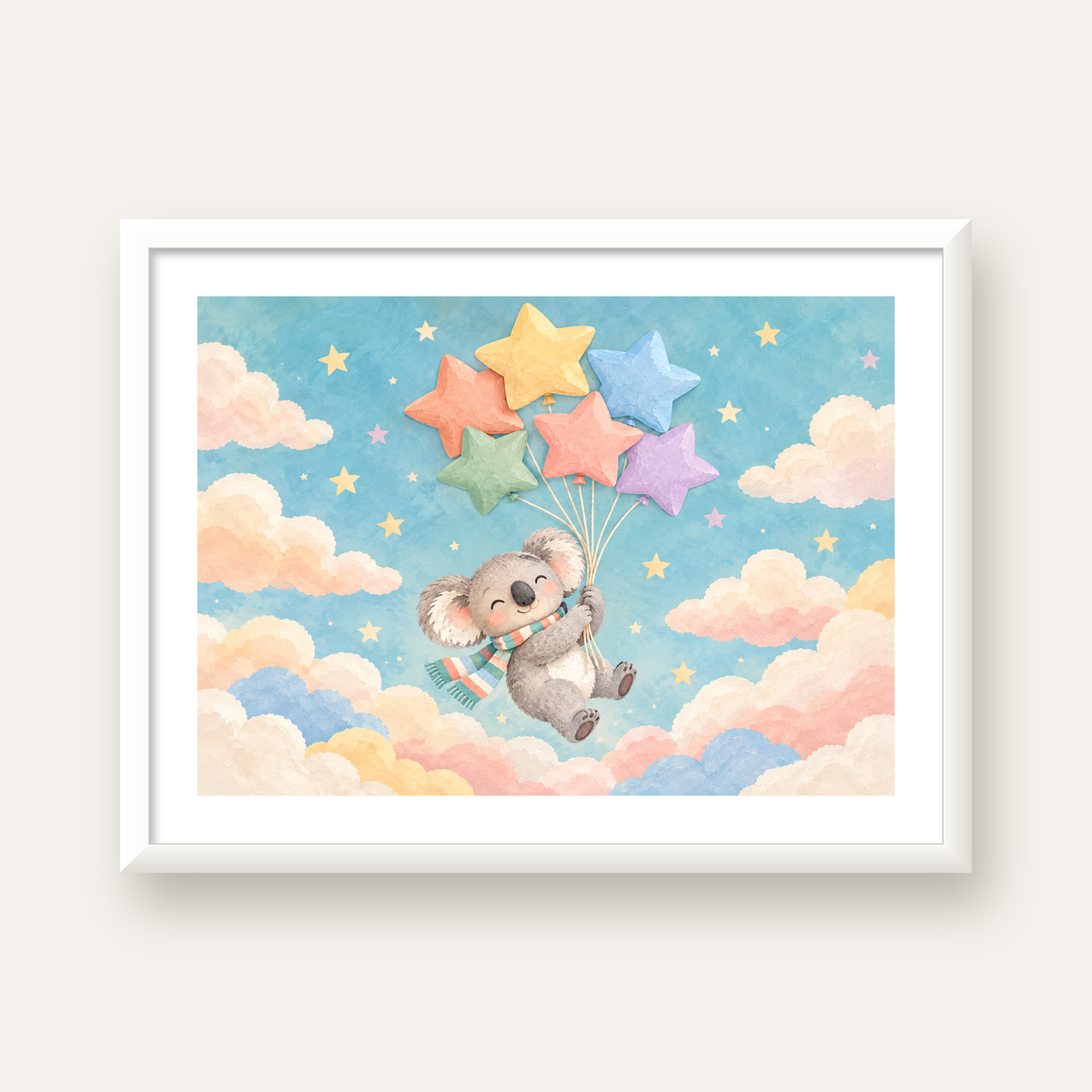 Uçan Koala ve Yıldız Balonlar Çocuk Odası Poster Baskı — beyaz çerçeveli yatay poster