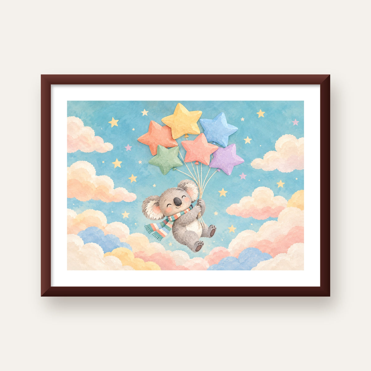 Uçan Koala ve Yıldız Balonlar Çocuk Odası Poster Baskı — ceviz çerçeveli paspartulu