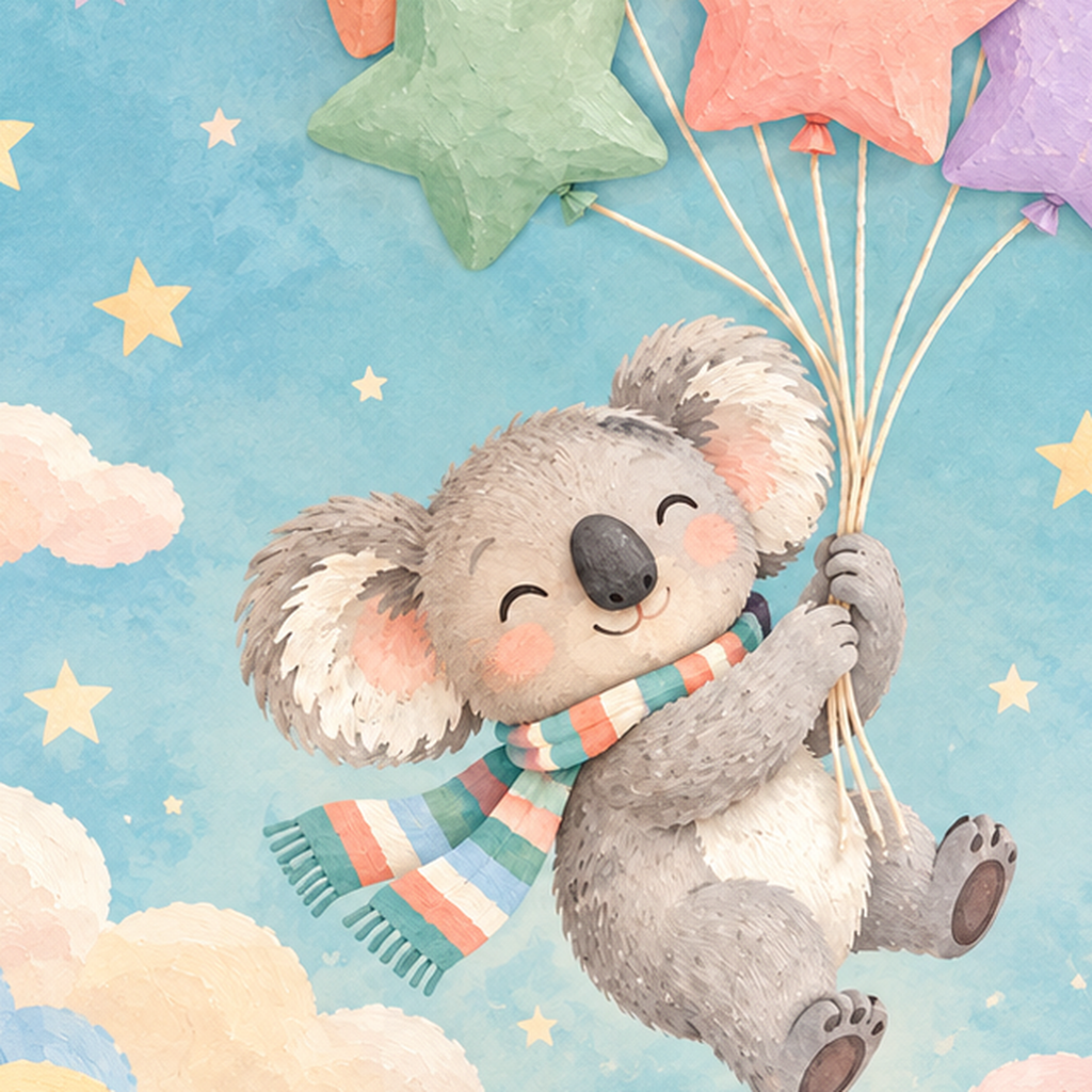 Uçan Koala ve Yıldız Balonlar Çocuk Odası Poster Baskı — baskının yakın çekimi, kâğıt dokusu ve renk detayı