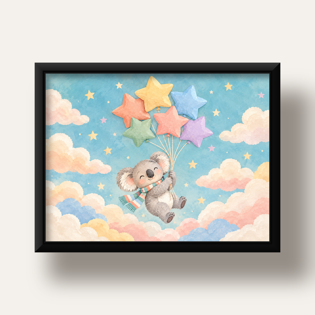 Uçan Koala ve Yıldız Balonlar Çocuk Odası Poster Baskı — siyah derin çerçeveli