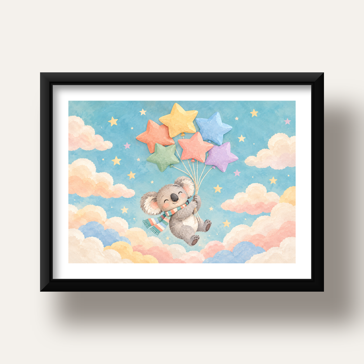 Uçan Koala ve Yıldız Balonlar Çocuk Odası Poster Baskı — siyah derin çerçeveli paspartulu