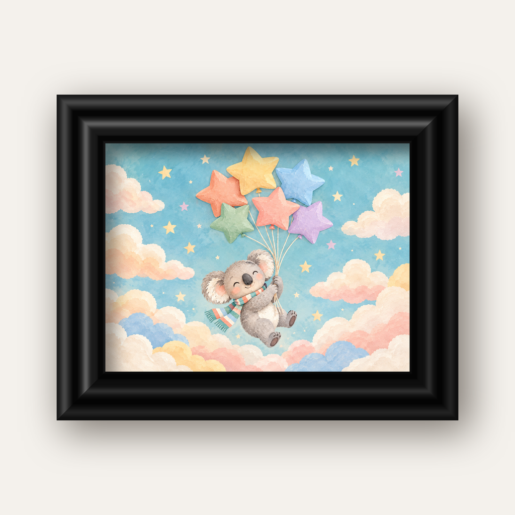 Uçan Koala ve Yıldız Balonlar Çocuk Odası Poster Baskı — siyah galeri çerçeveli