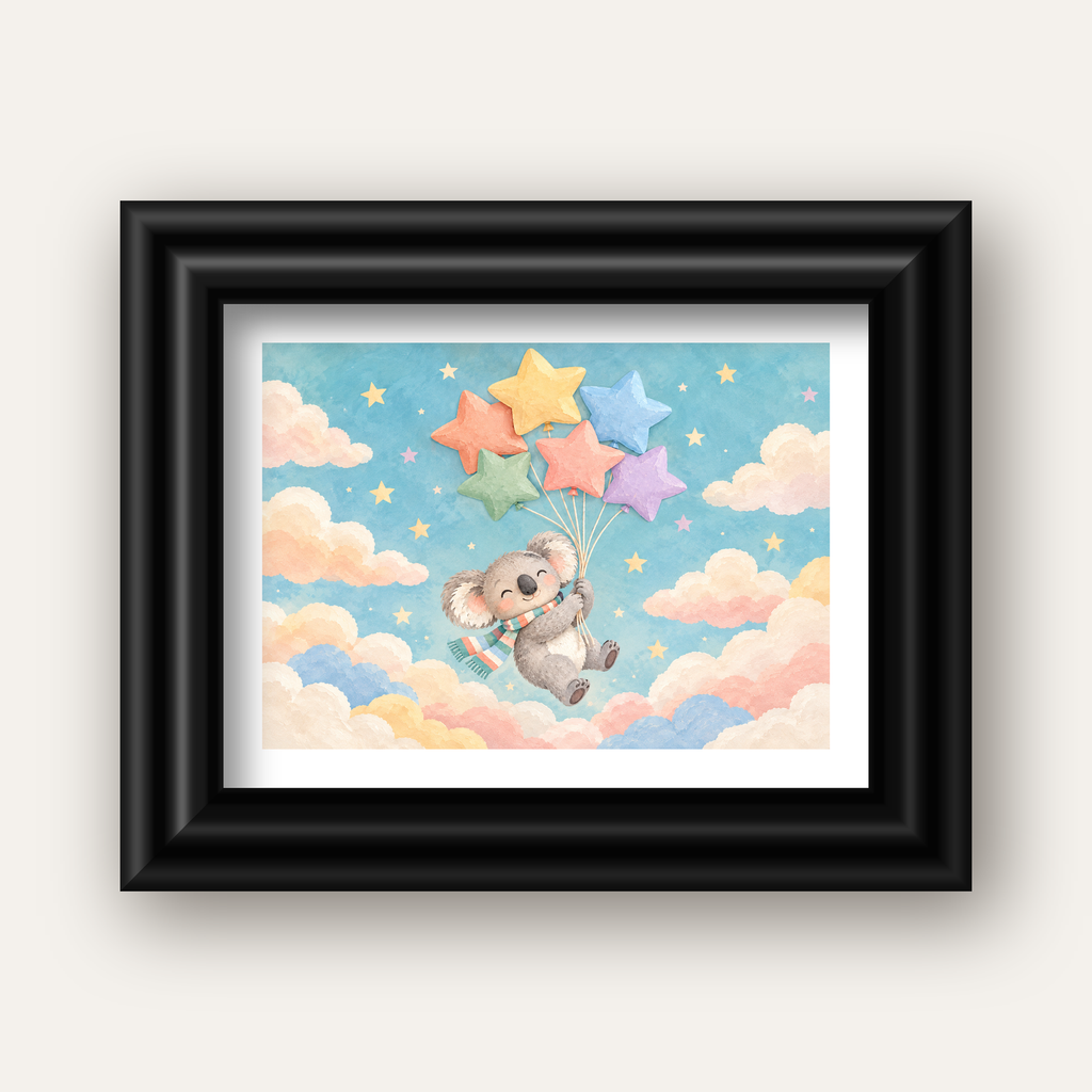Uçan Koala ve Yıldız Balonlar Çocuk Odası Poster Baskı — siyah galeri çerçeveli paspartulu