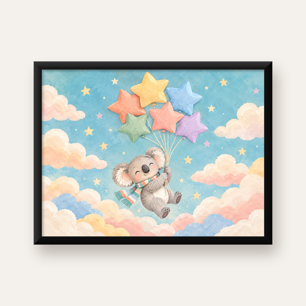 Uçan Koala ve Yıldız Balonlar Çocuk Odası Poster Baskı — Yatay baskı, düz siyah çerçeveli duvar posteri
