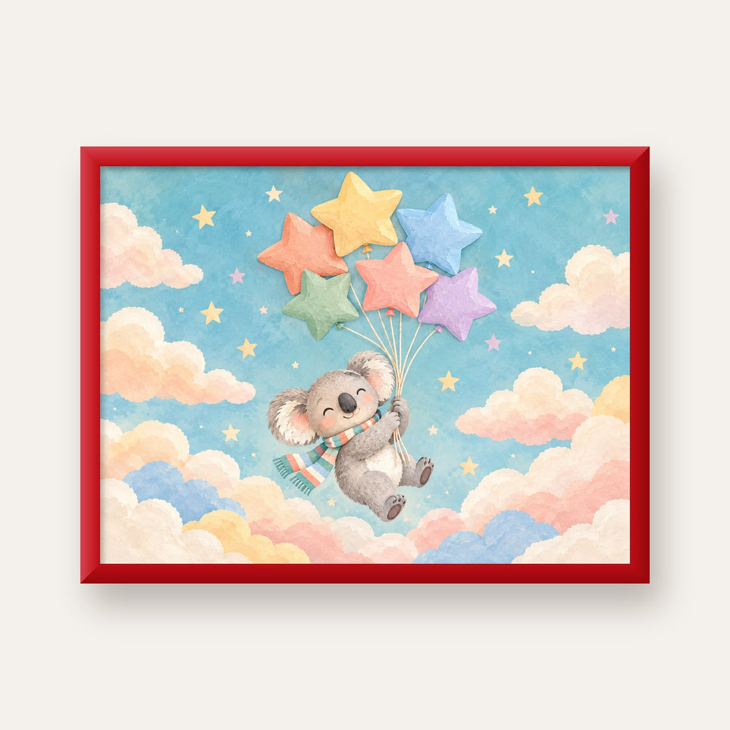 Uçan Koala ve Yıldız Balonlar Çocuk Odası Poster Baskı — kırmızı çerçeveli