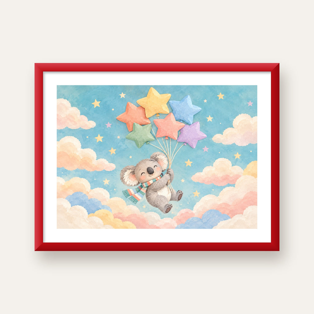 Uçan Koala ve Yıldız Balonlar Çocuk Odası Poster Baskı — kırmızı çerçeveli paspartulu