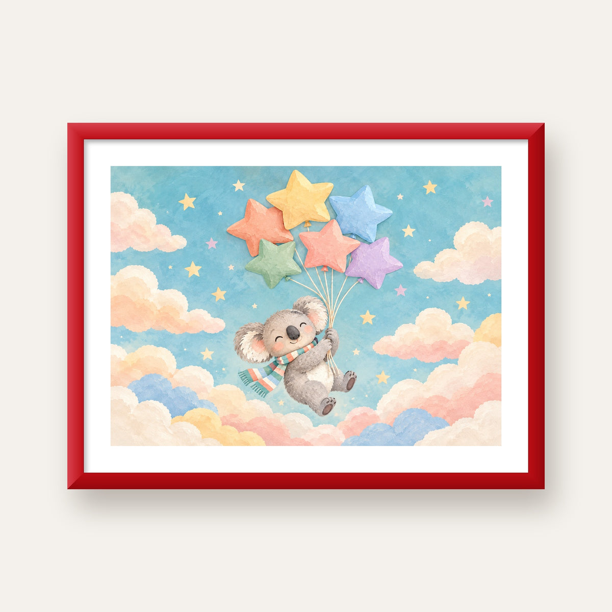 Uçan Koala ve Yıldız Balonlar Çocuk Odası Poster Baskı — kırmızı çerçeveli paspartulu