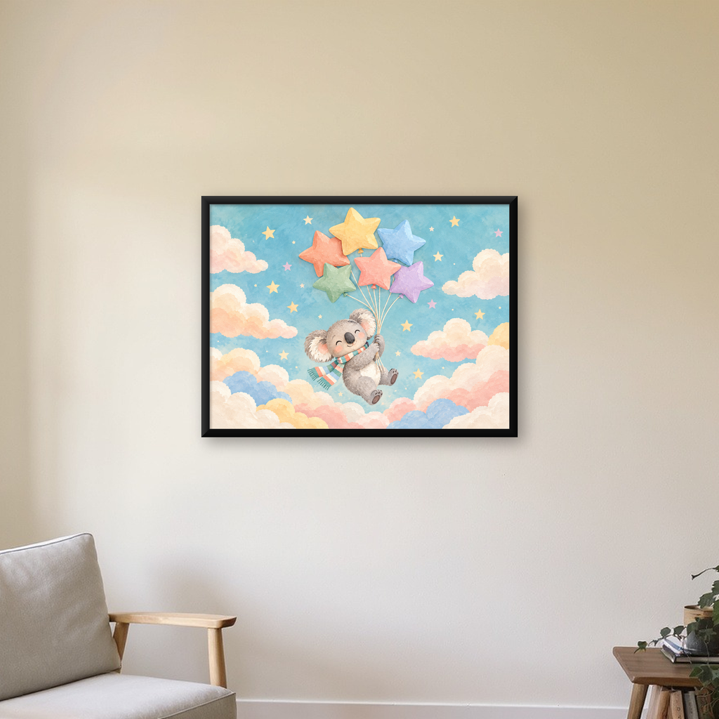 Uçan Koala ve Yıldız Balonlar Çocuk Odası Poster Baskı — Yatay baskı, çerçeveli hâliyle bir ev duvarında