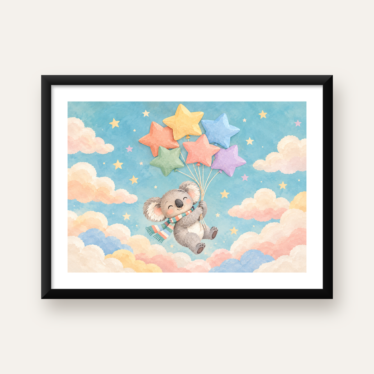 Uçan Koala ve Yıldız Balonlar Çocuk Odası Poster Baskı — Yatay baskı, beyaz paspartulu