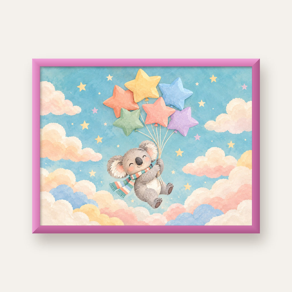 Uçan Koala ve Yıldız Balonlar Çocuk Odası Poster Baskı — pembe çerçeveli