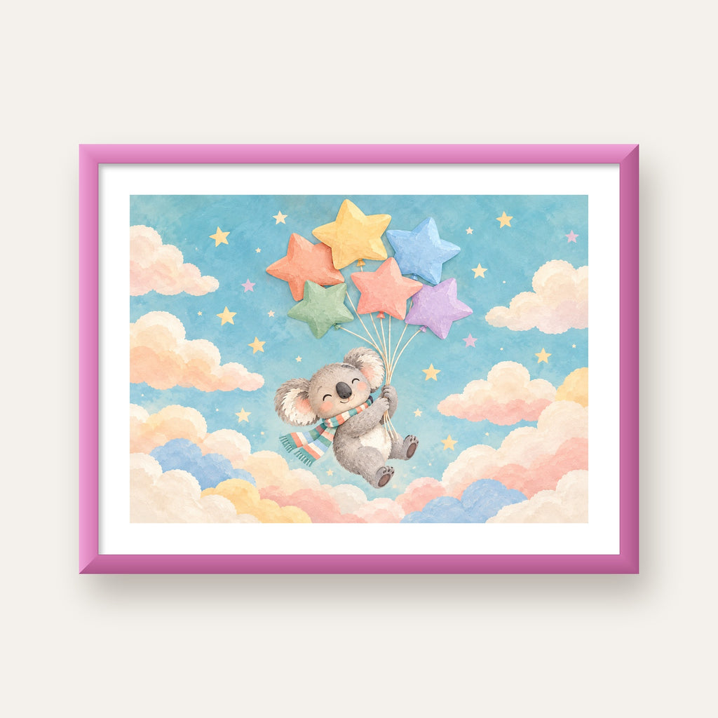 Uçan Koala ve Yıldız Balonlar Çocuk Odası Poster Baskı — pembe çerçeveli paspartulu