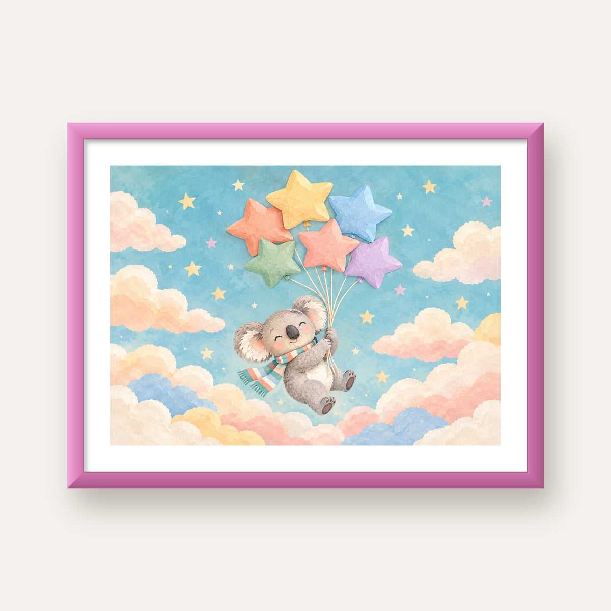 Uçan Koala ve Yıldız Balonlar Çocuk Odası Poster Baskı — pembe çerçeveli paspartulu