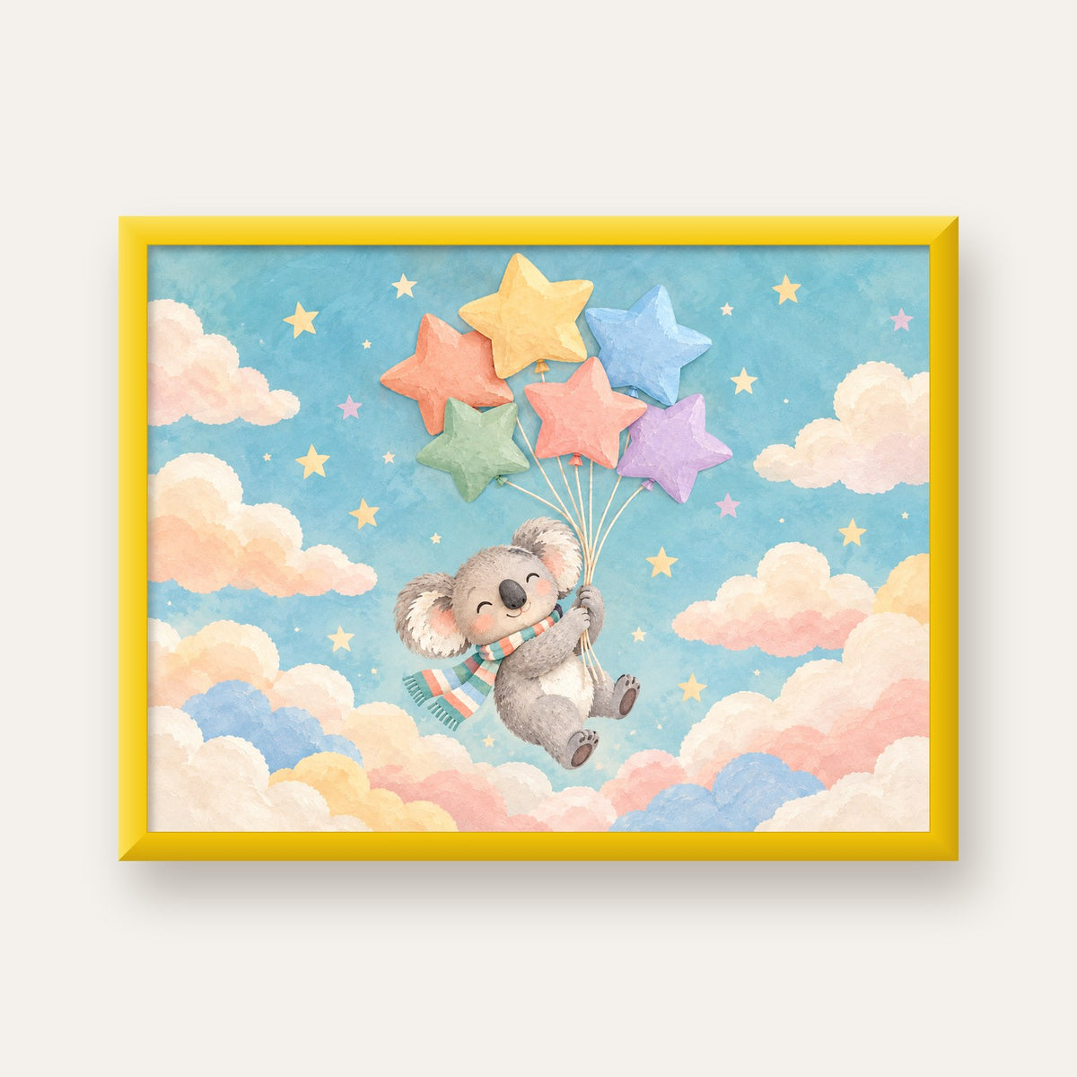 Uçan Koala ve Yıldız Balonlar Çocuk Odası Poster Baskı — sarı çerçeveli