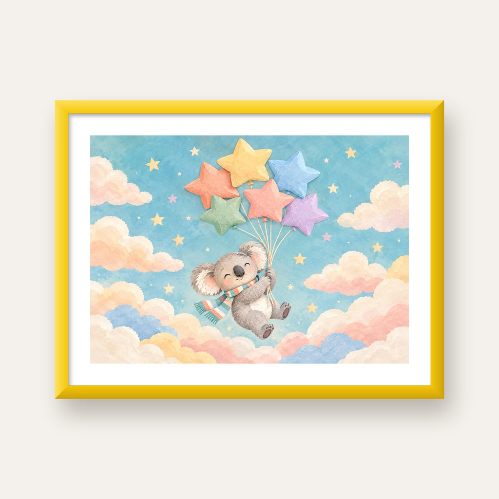 Uçan Koala ve Yıldız Balonlar Çocuk Odası Poster Baskı — sarı çerçeveli paspartulu