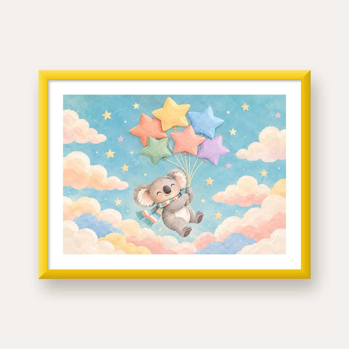 Uçan Koala ve Yıldız Balonlar Çocuk Odası Poster Baskı — sarı çerçeveli paspartulu
