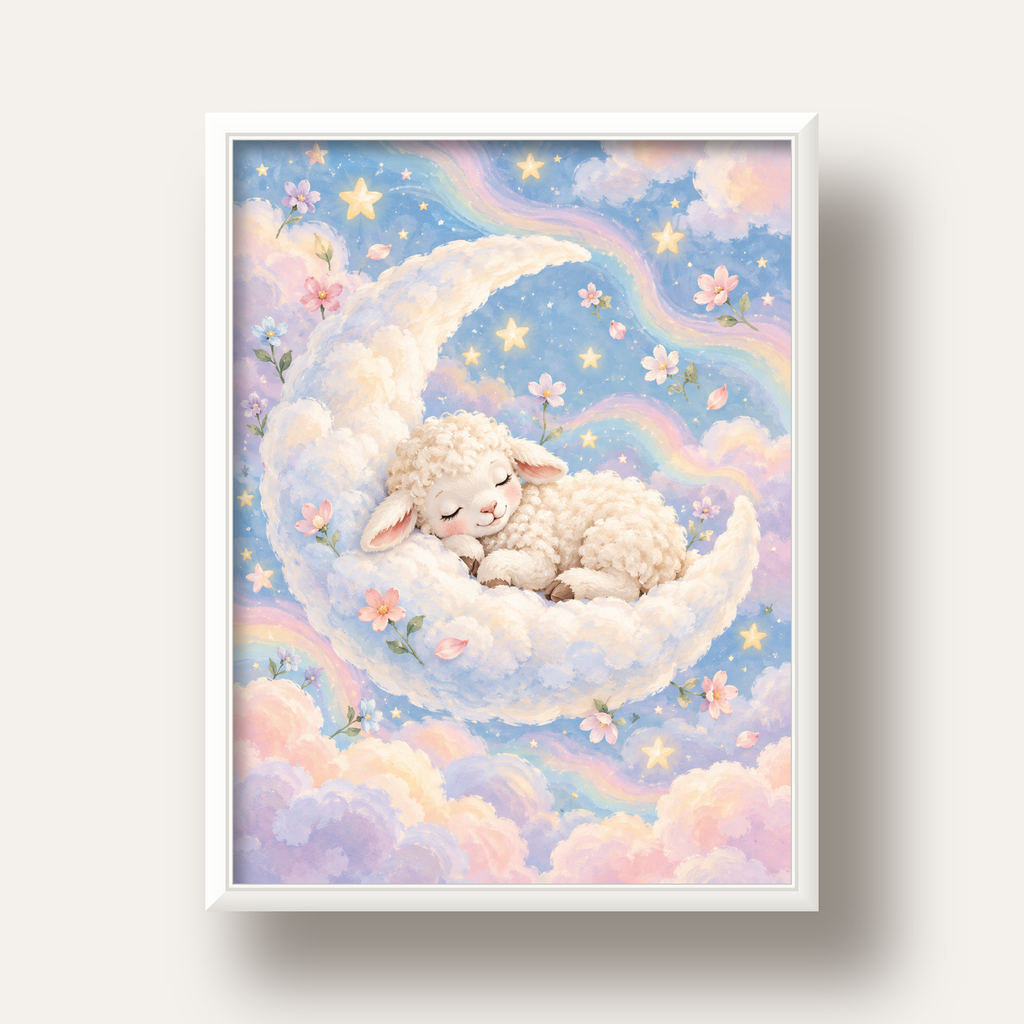 Uyuyan Kuzu ve Masalsı Gökyüzü Pastel Poster — beyaz derin çerçeveli