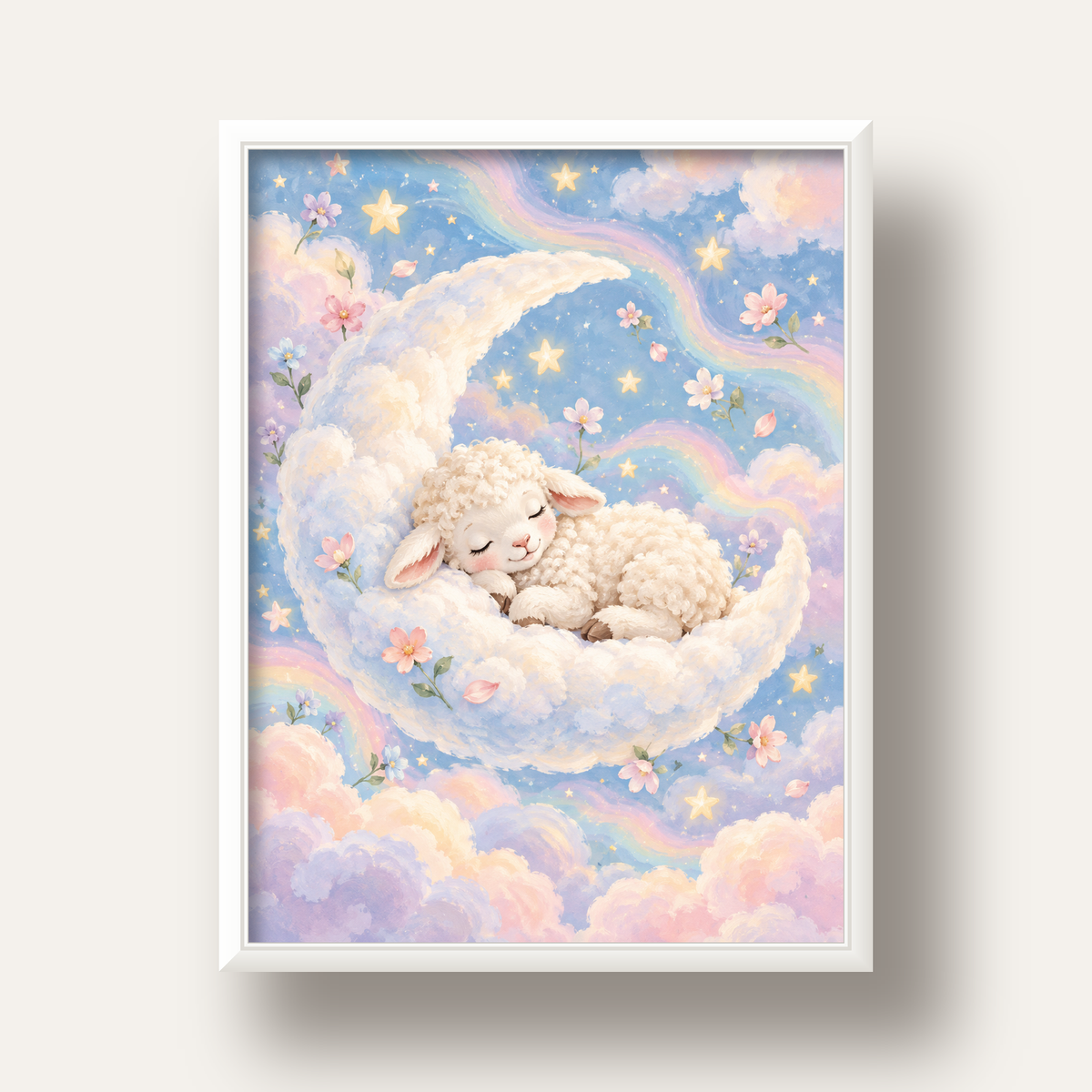 Uyuyan Kuzu ve Masalsı Gökyüzü Pastel Poster — beyaz derin çerçeveli
