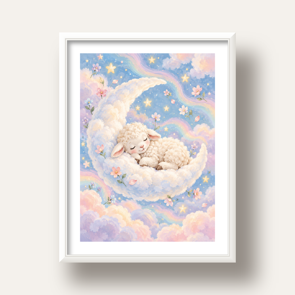 Uyuyan Kuzu ve Masalsı Gökyüzü Pastel Poster — beyaz derin çerçeveli paspartulu