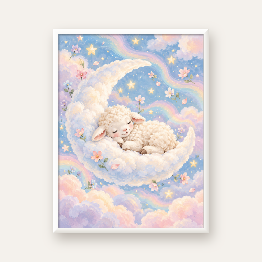 Uyuyan Kuzu ve Masalsı Gökyüzü Pastel Poster — beyaz çerçeveli dikey poster