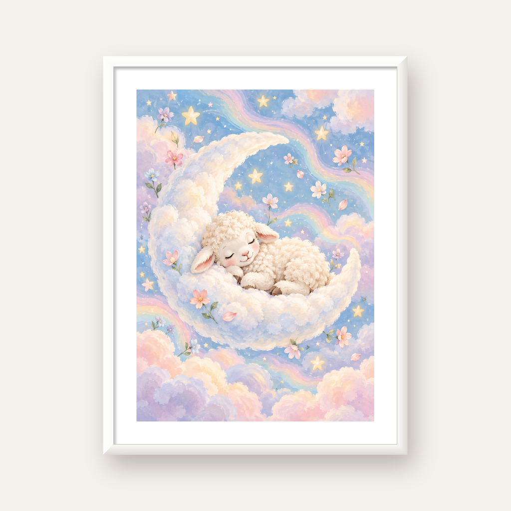 Uyuyan Kuzu ve Masalsı Gökyüzü Pastel Poster — beyaz çerçeveli dikey poster