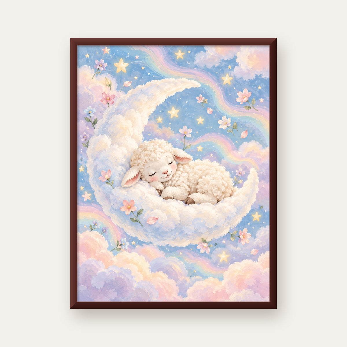 Uyuyan Kuzu ve Masalsı Gökyüzü Pastel Poster — ceviz çerçeveli