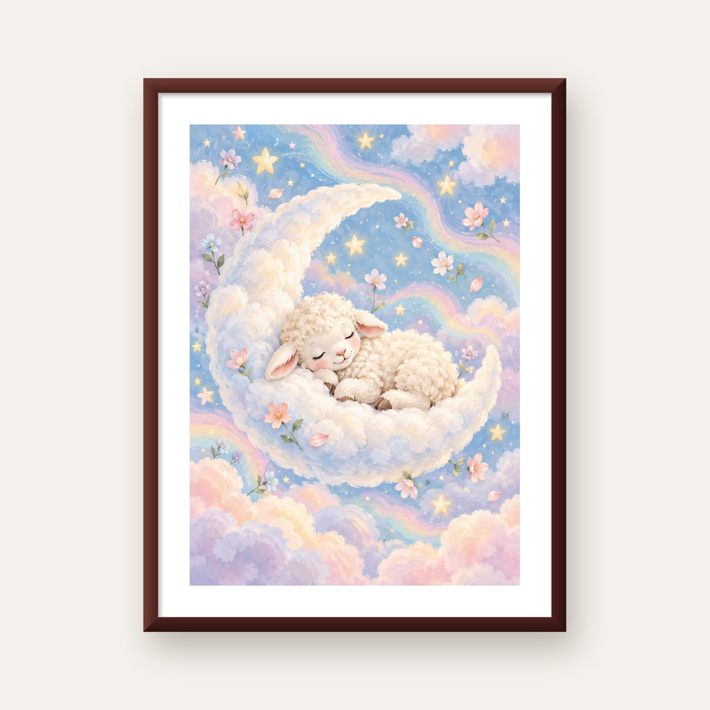 Uyuyan Kuzu ve Masalsı Gökyüzü Pastel Poster — ceviz çerçeveli paspartulu