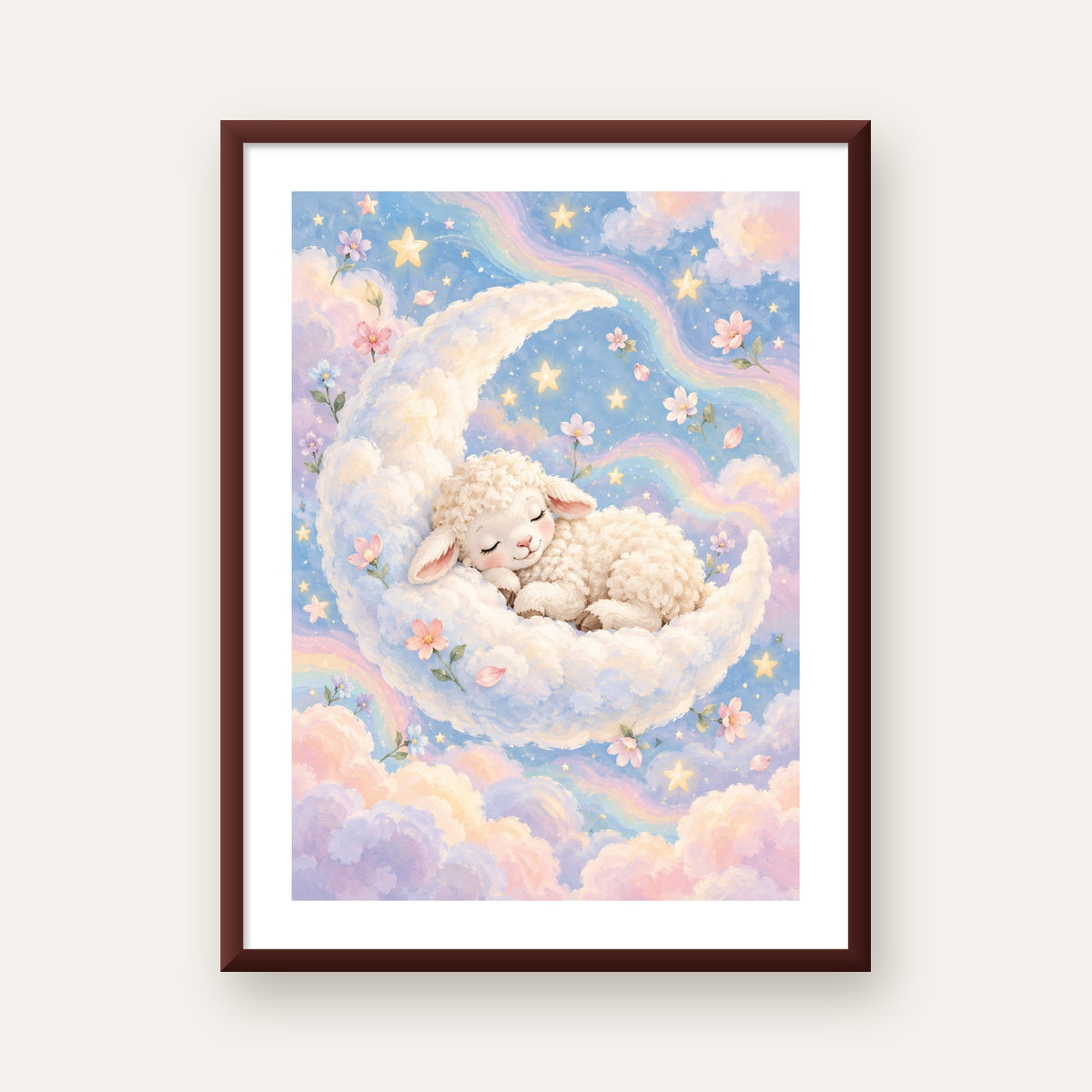 Uyuyan Kuzu ve Masalsı Gökyüzü Pastel Poster — ceviz çerçeveli paspartulu