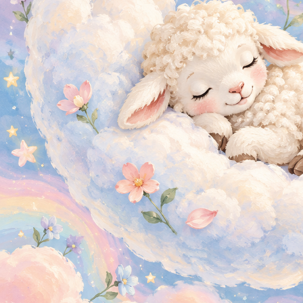 Uyuyan Kuzu ve Masalsı Gökyüzü Pastel Poster — baskının yakın çekimi, kâğıt dokusu ve renk detayı