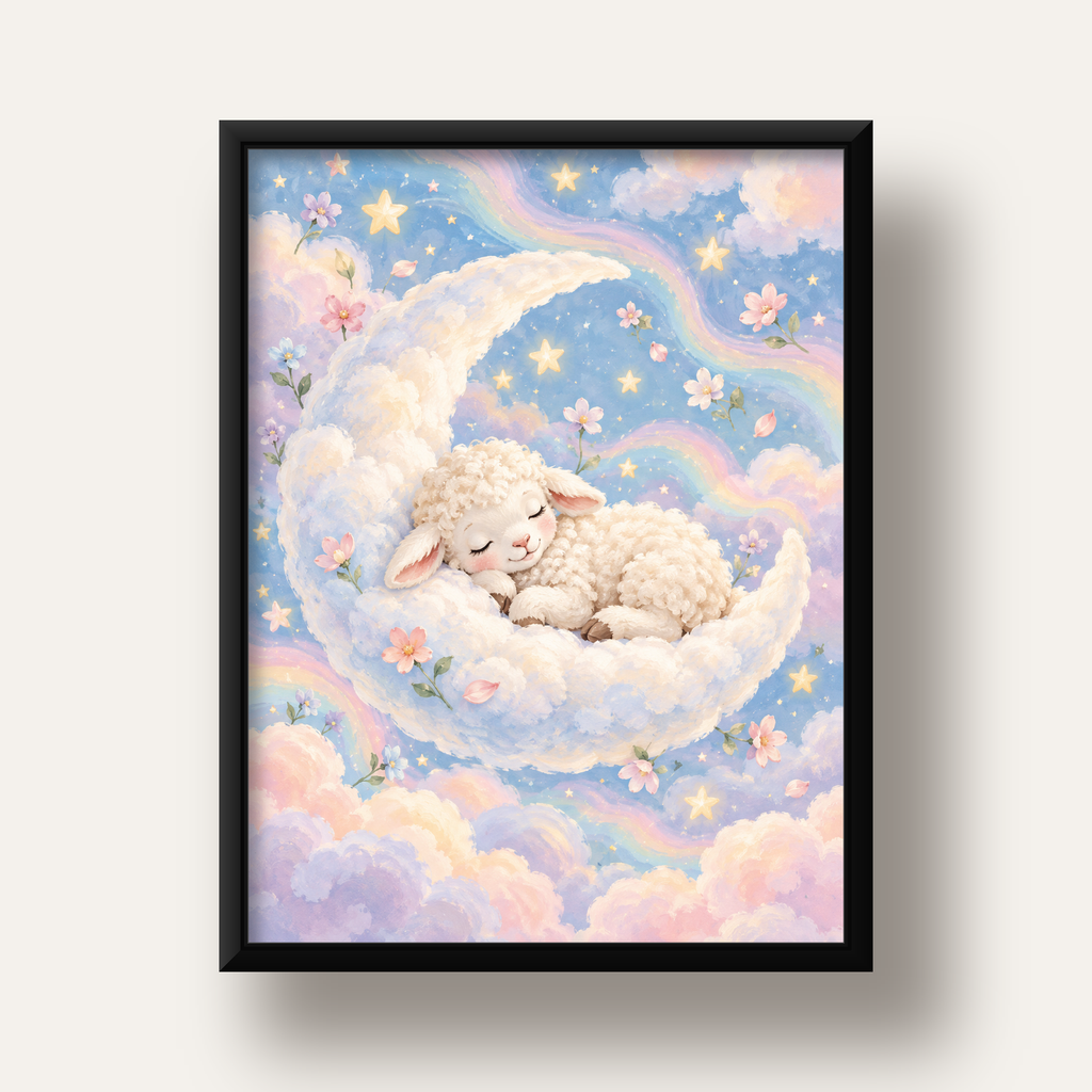 Uyuyan Kuzu ve Masalsı Gökyüzü Pastel Poster — siyah derin çerçeveli