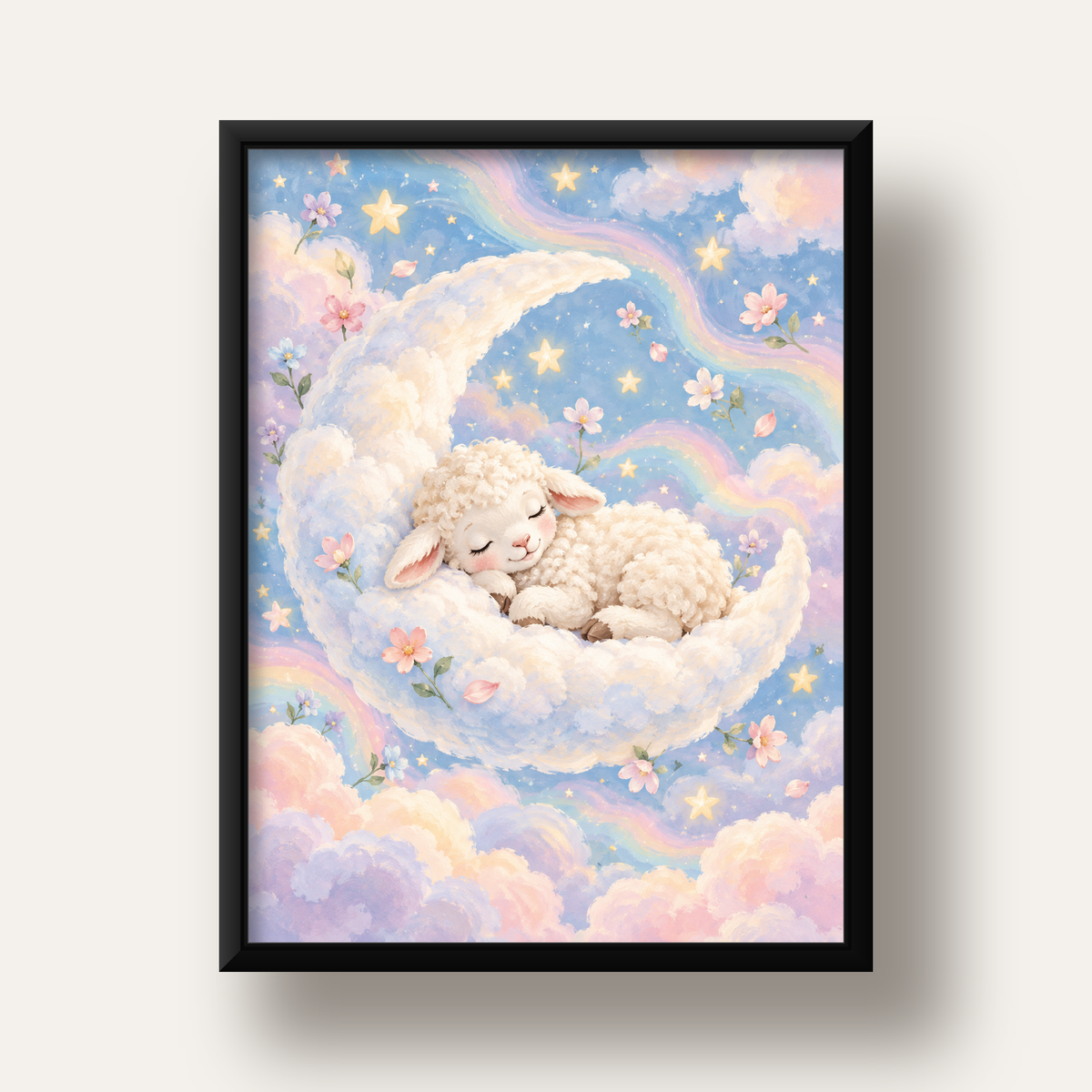 Uyuyan Kuzu ve Masalsı Gökyüzü Pastel Poster — siyah derin çerçeveli