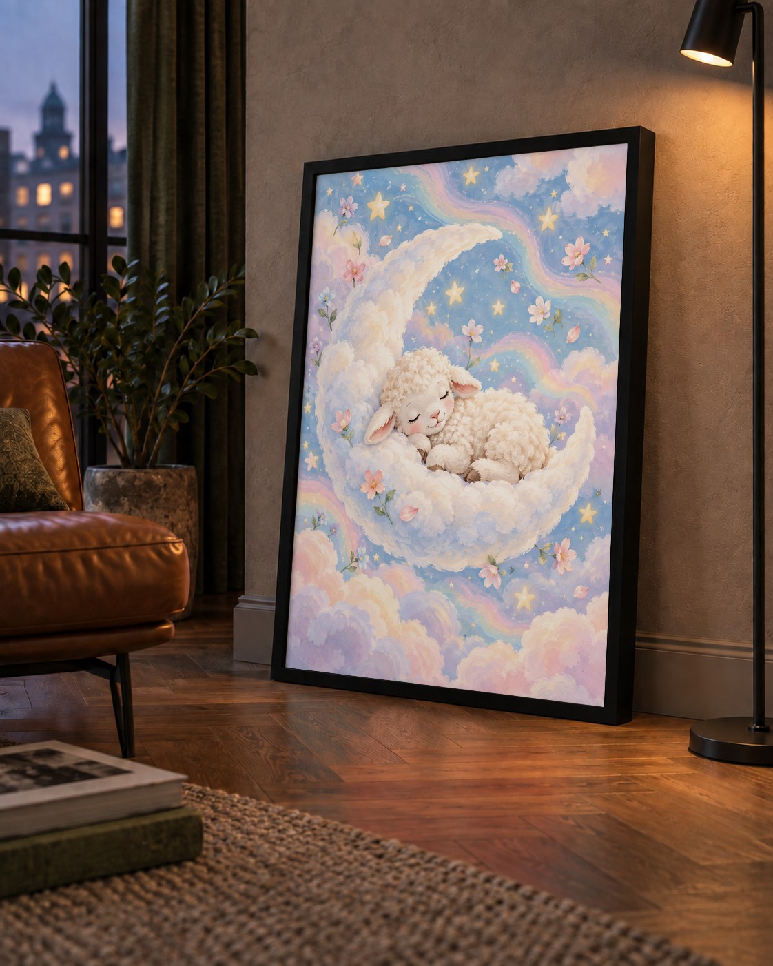 Uyuyan Kuzu ve Masalsı Gökyüzü Pastel Poster