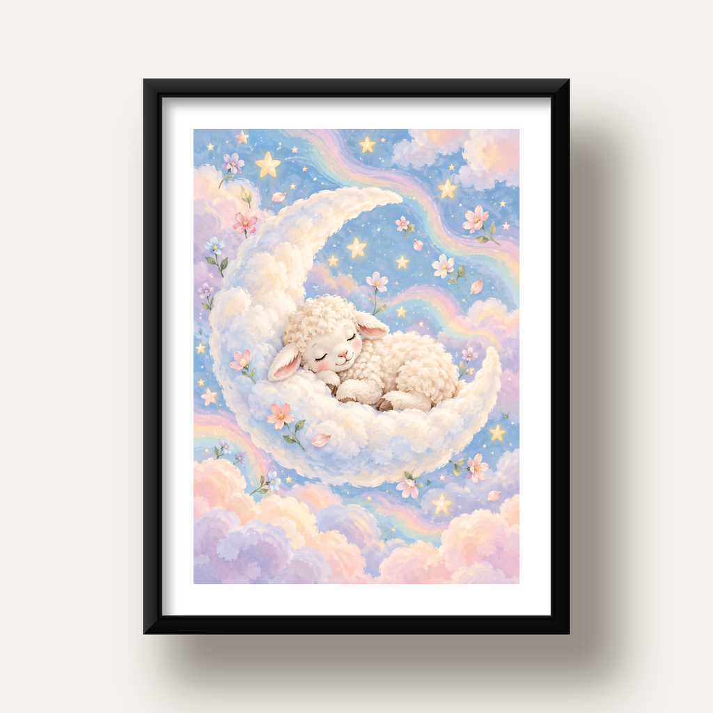 Uyuyan Kuzu ve Masalsı Gökyüzü Pastel Poster — siyah derin çerçeveli paspartulu