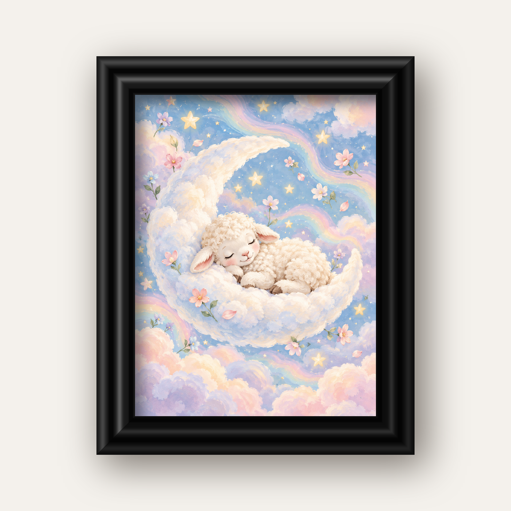 Uyuyan Kuzu ve Masalsı Gökyüzü Pastel Poster — siyah galeri çerçeveli