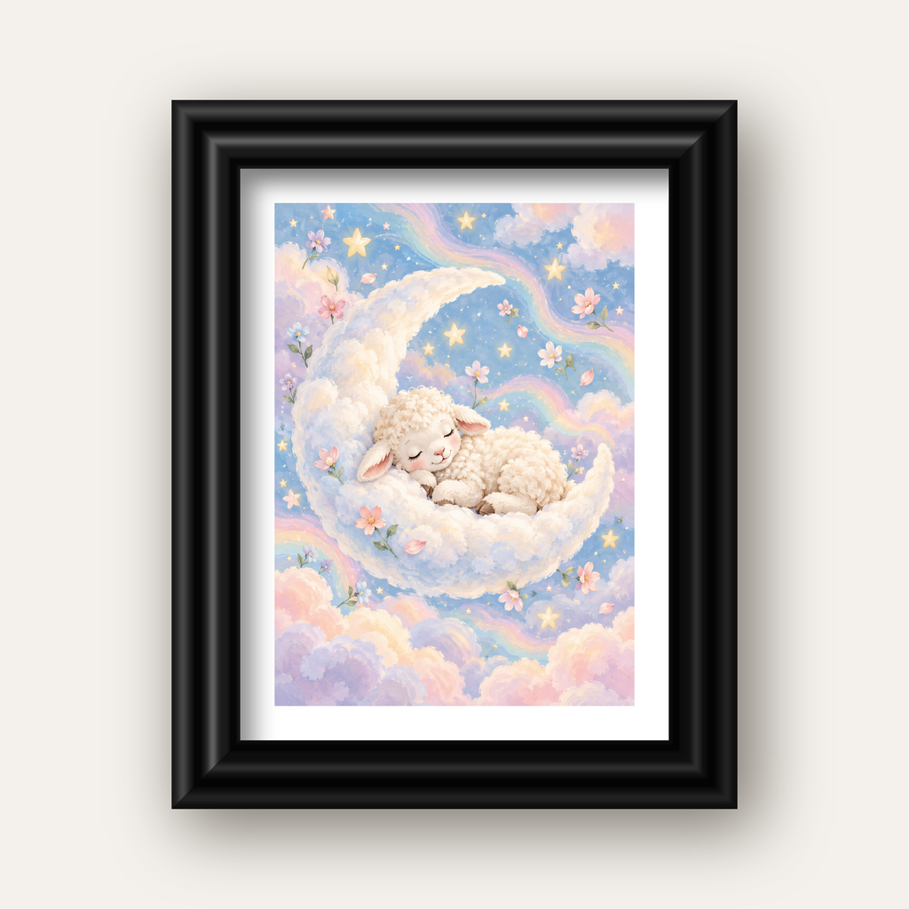 Uyuyan Kuzu ve Masalsı Gökyüzü Pastel Poster — siyah galeri çerçeveli paspartulu