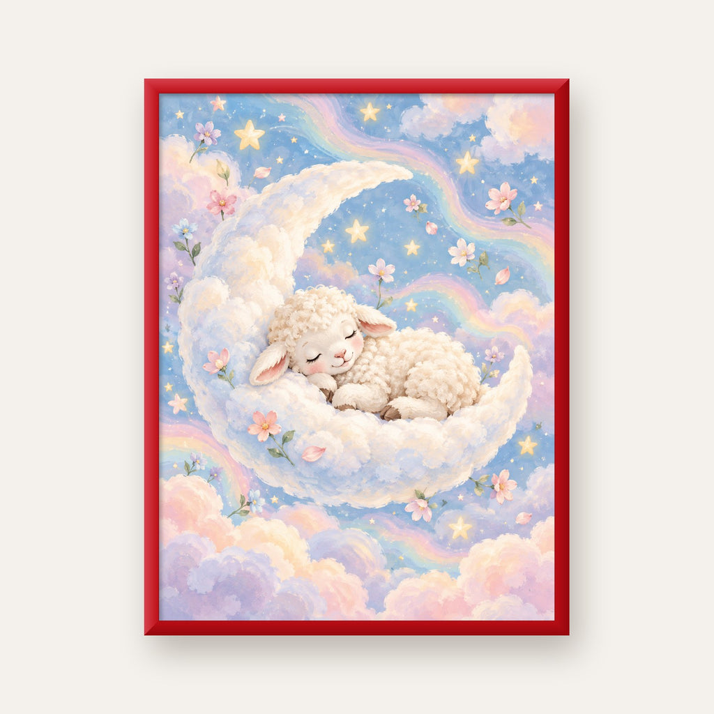 Uyuyan Kuzu ve Masalsı Gökyüzü Pastel Poster — kırmızı çerçeveli