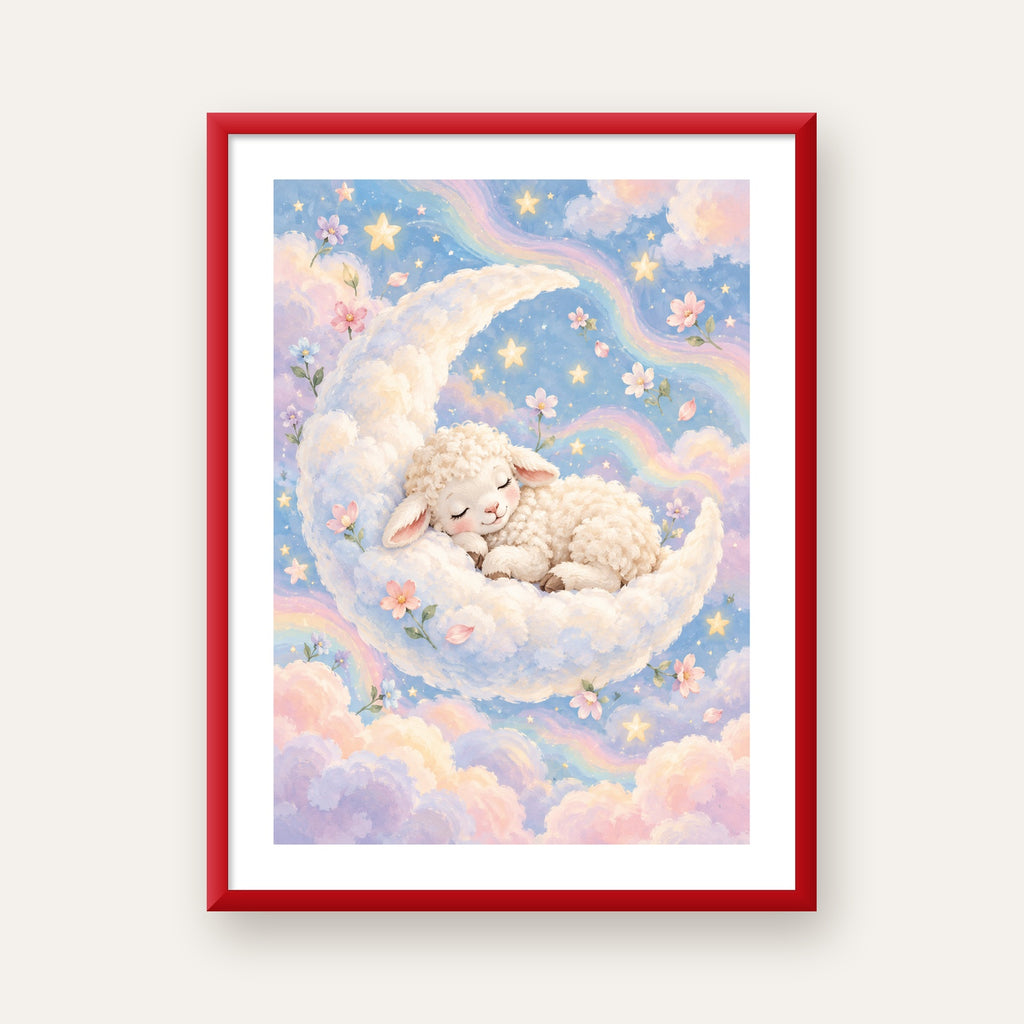 Uyuyan Kuzu ve Masalsı Gökyüzü Pastel Poster — kırmızı çerçeveli paspartulu