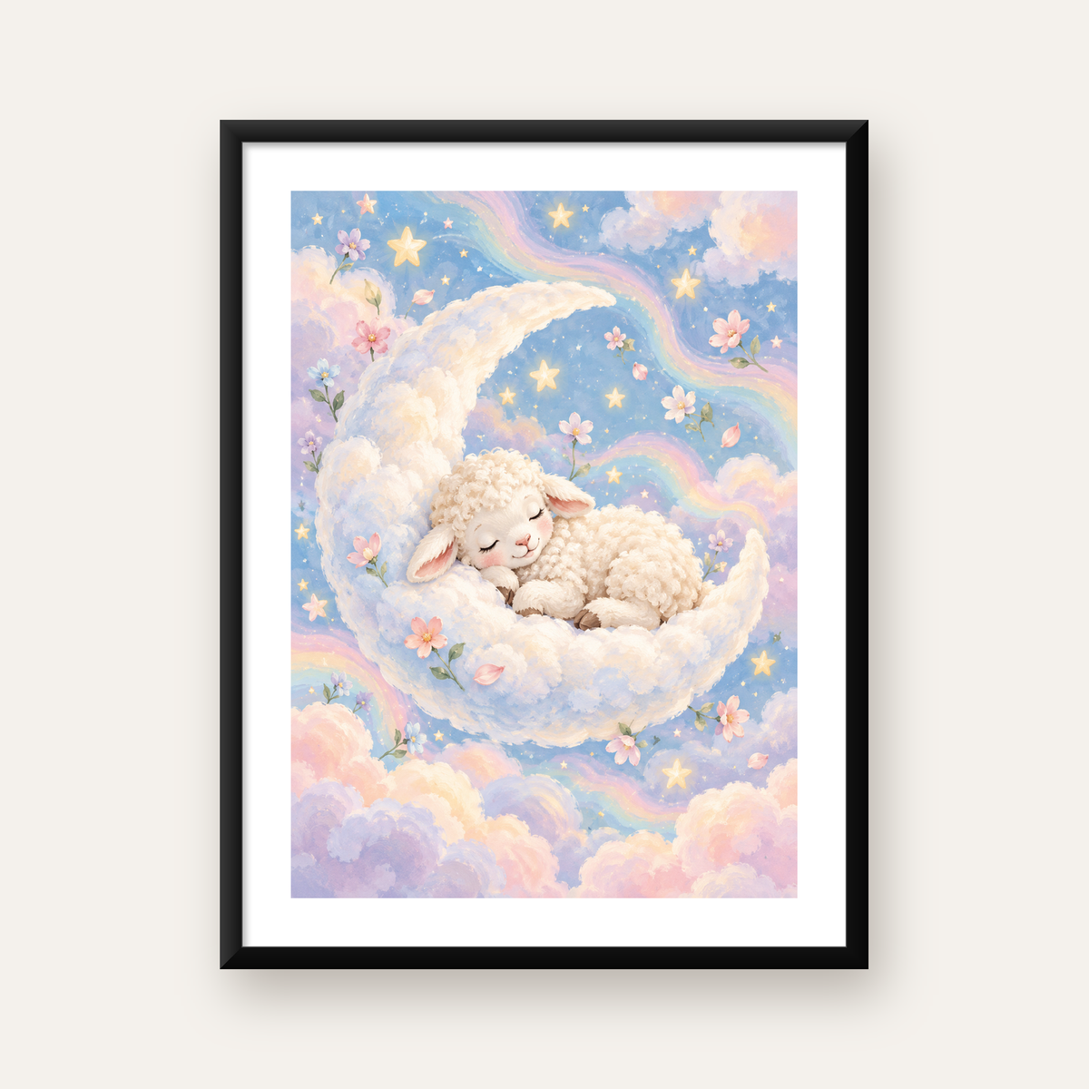 Uyuyan Kuzu ve Masalsı Gökyüzü Pastel Poster — Dikey baskı, beyaz paspartulu