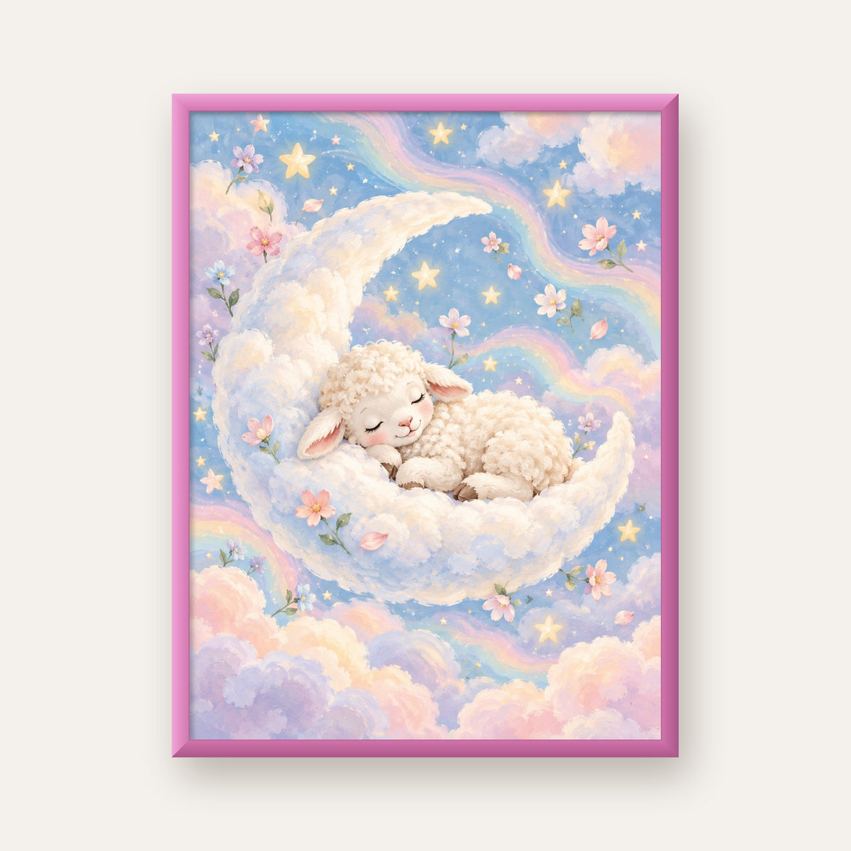 Uyuyan Kuzu ve Masalsı Gökyüzü Pastel Poster — pembe çerçeveli