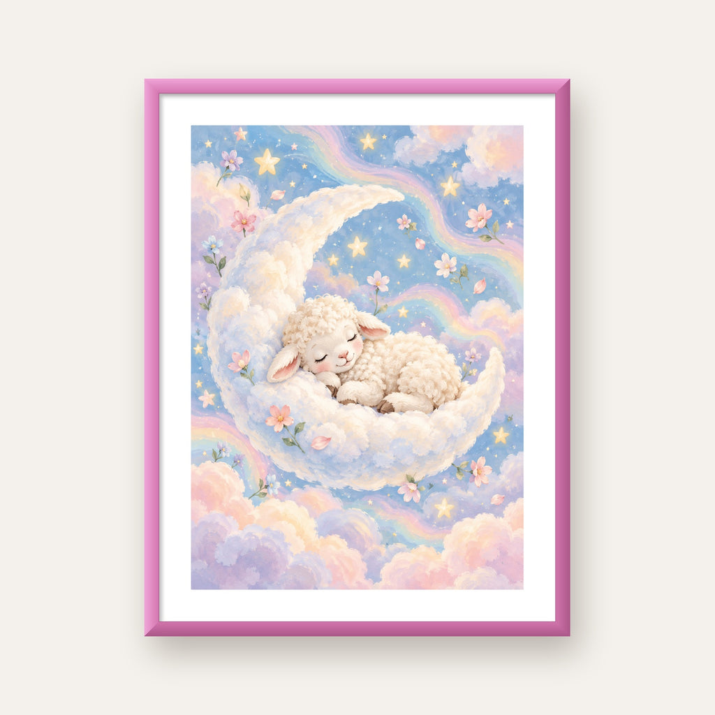 Uyuyan Kuzu ve Masalsı Gökyüzü Pastel Poster — pembe çerçeveli paspartulu