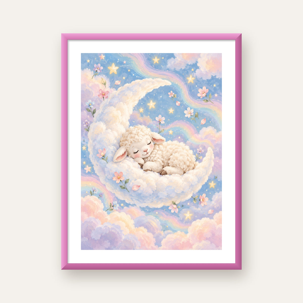 Uyuyan Kuzu ve Masalsı Gökyüzü Pastel Poster — pembe çerçeveli paspartulu